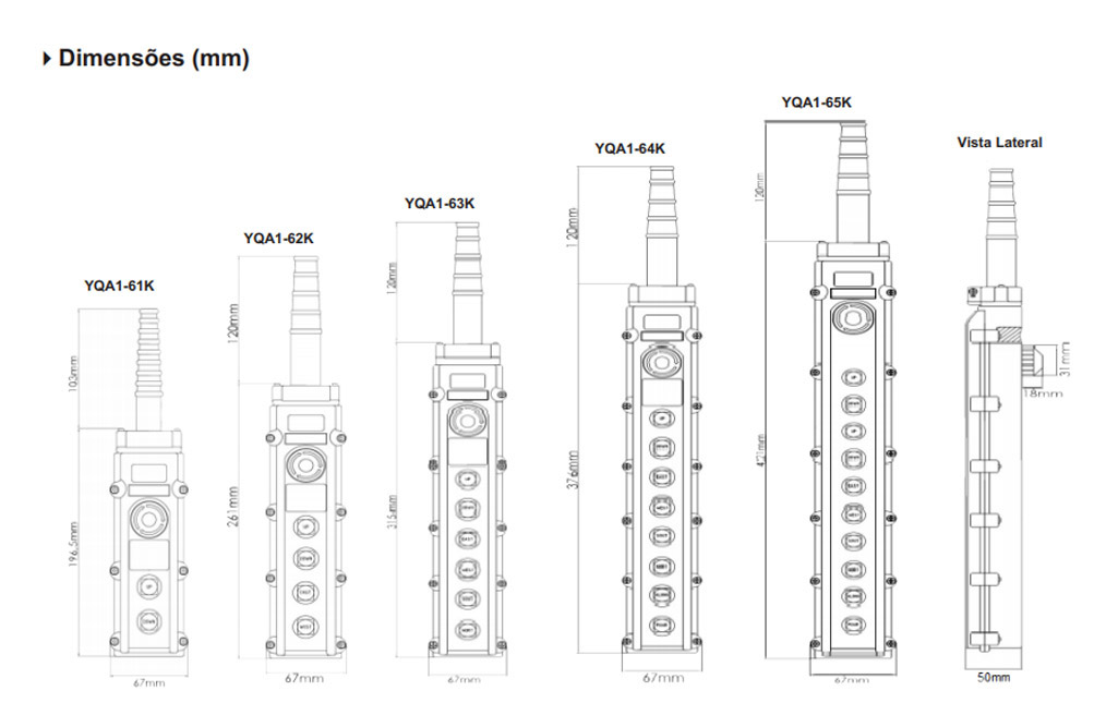 Dimensões - Botoeira Pendente YQA1 - Minulight