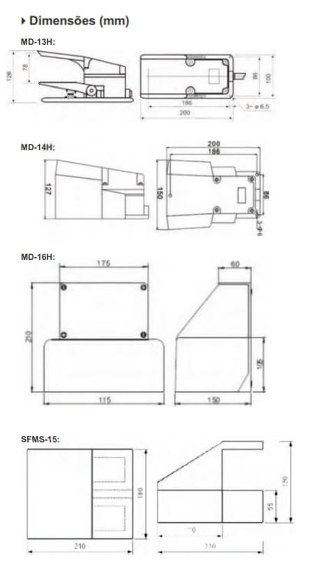 Dimensões -Interruptores Pedal